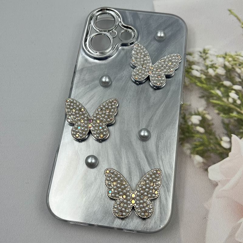 قاب گوشی iPhone 17 آیفون Butterfly Case لوکس پروانه مرواریدی طوسی نقره ای لنز Silver کد 53017 - Image 2