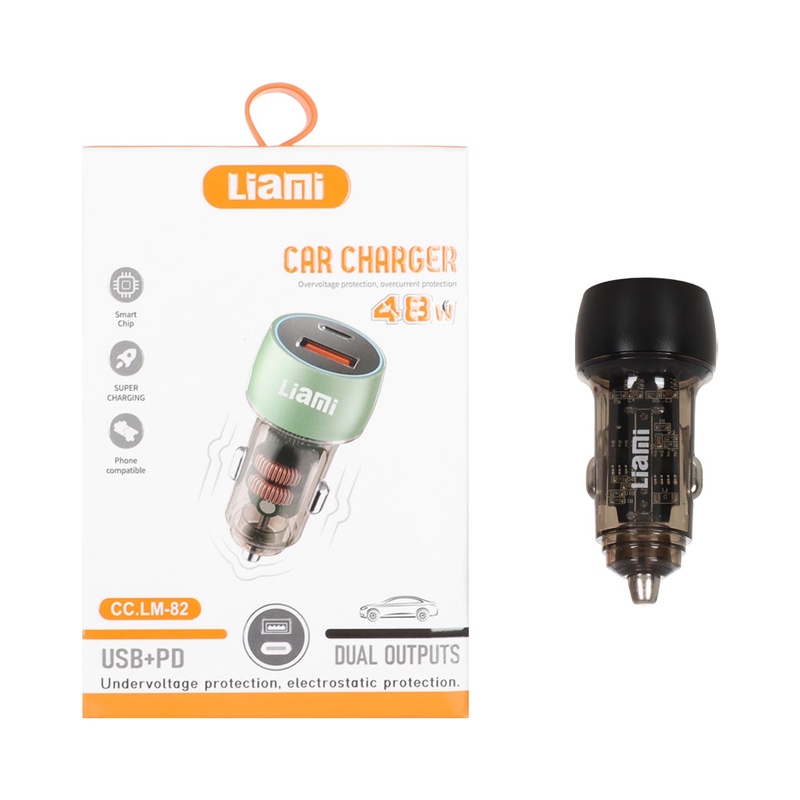 شارژر فندکی 48W فست و PD دو پورت Liami اورجینال مدل CC.LM-82 مشکی LED دار کد 56135
