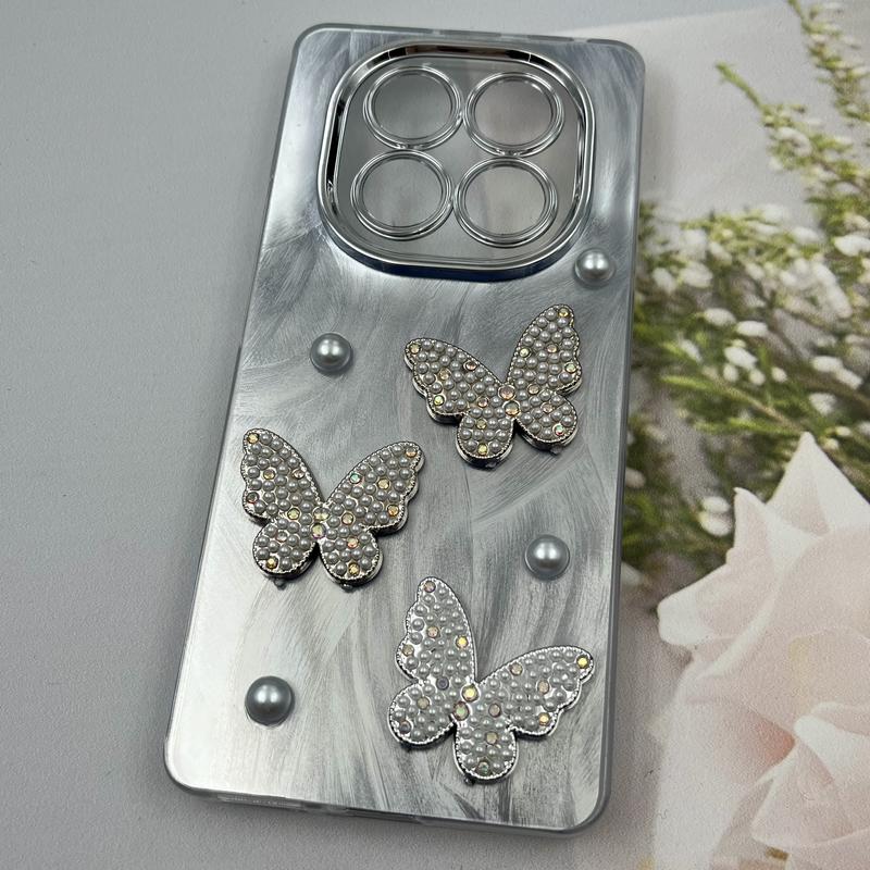 قاب گوشی Redmi Note 14 Pro 4G شیائومی Butterfly Case لوکس پروانه مرواریدی طوسی نقره ای لنز Silver کد 57588 - Image 2