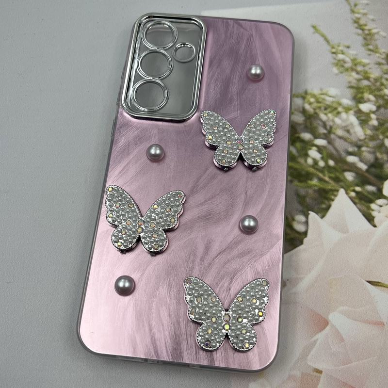 قاب گوشی Galaxy A55 سامسونگ Butterfly Case لوکس پروانه مرواریدی صورتی یاسی لنز Silver کد 60547 - Image 2