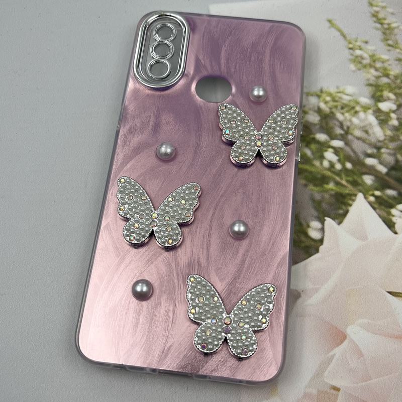 قاب گوشی Galaxy A10s سامسونگ Butterfly Case لوکس پروانه مرواریدی صورتی یاسی لنز Silver کد 63497 - Image 2