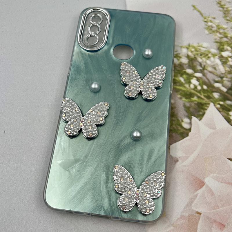 قاب گوشی Galaxy A10s سامسونگ Butterfly Case لوکس پروانه مرواریدی سبزآبی لنز Silver کد 64314 - Image 2