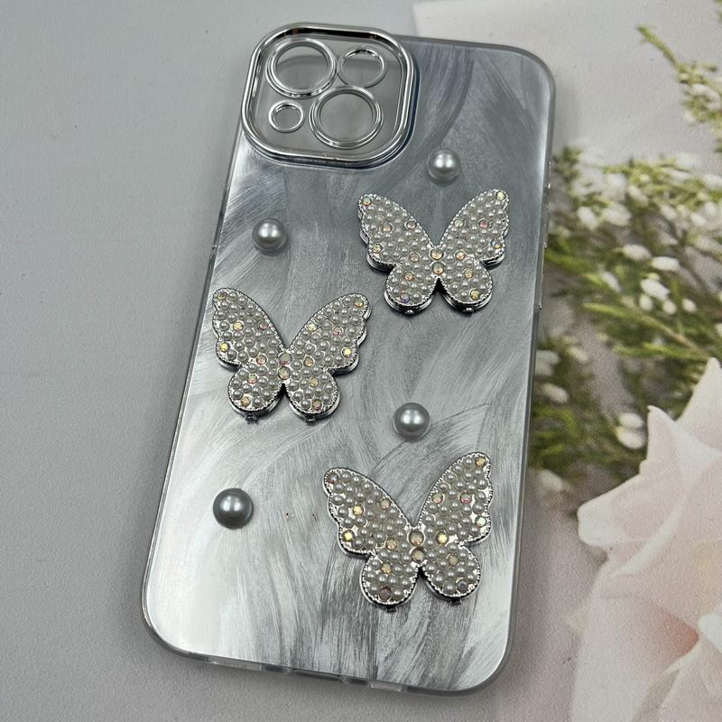 قاب گوشی iPhone 13 آیفون Butterfly Case لوکس پروانه مرواریدی طوسی نقره ای لنز Silver کد 72077 - Image 2