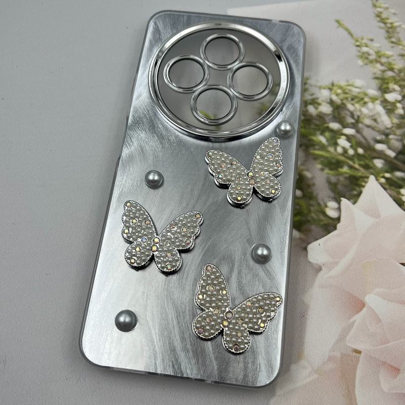 قاب گوشی Redmi 14C / Redmi A4 / Poco C75 شیائومی Butterfly Case لوکس پروانه مرواریدی طوسی نقره ای لنز Silver کد 75432 - Image 2