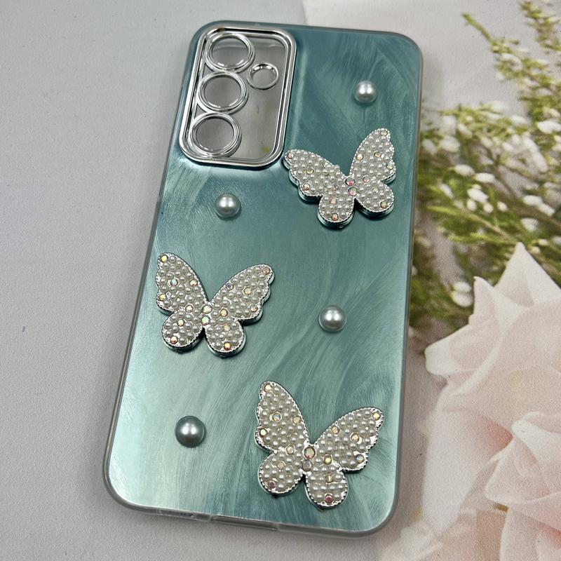 قاب گوشی Galaxy S23 FE سامسونگ Butterfly Case لوکس پروانه مرواریدی سبزآبی لنز Silver کد 82119 - Image 2