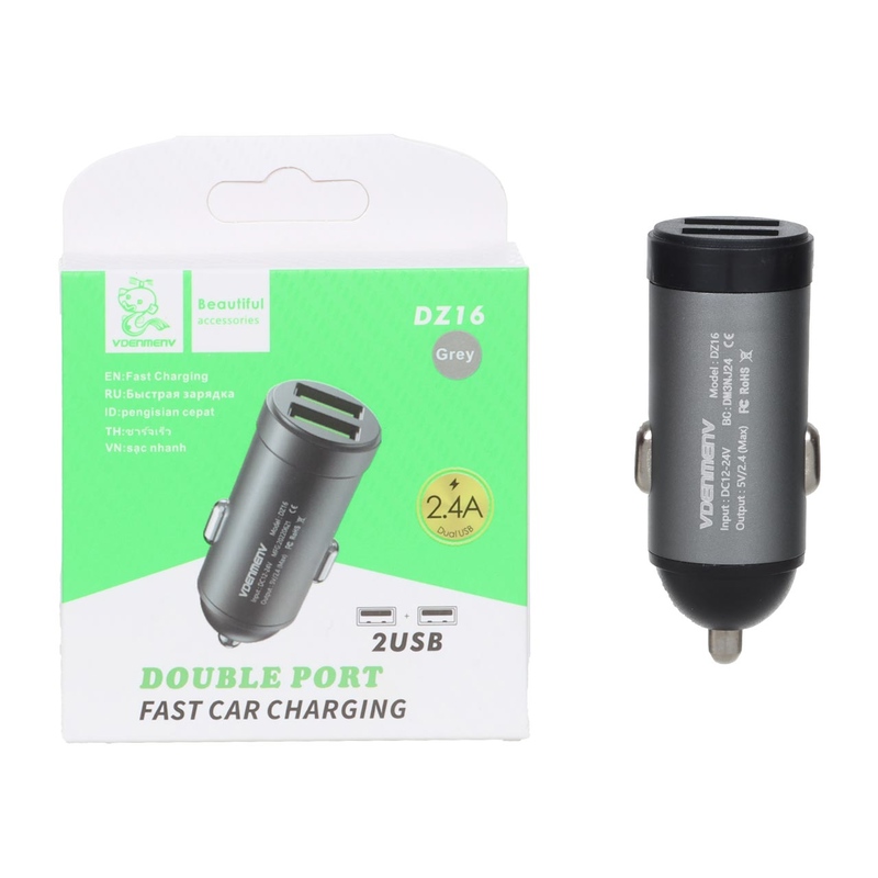 شارژر فندکی 12W فست دو پورت DENMEN اورجینال مدل DZ16 تیتانیوم کد 88086