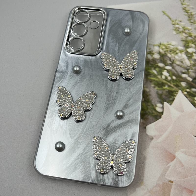 قاب گوشی Galaxy A16 سامسونگ Butterfly Case لوکس پروانه مرواریدی طوسی نقره ای لنز Silver کد 89804 - Image 2