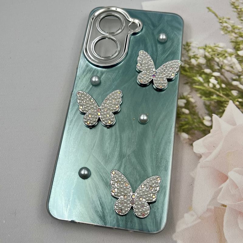 قاب گوشی Redmi A5 / Poco C71 شیائومی Butterfly Case لوکس پروانه مرواریدی سبزآبی لنز Silver کد 91363 - Image 2