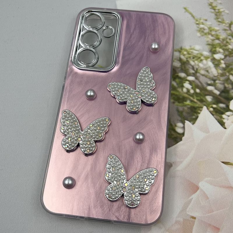 قاب گوشی Galaxy S23 FE سامسونگ Butterfly Case لوکس پروانه مرواریدی صورتی یاسی لنز Silver کد 91708 - Image 2