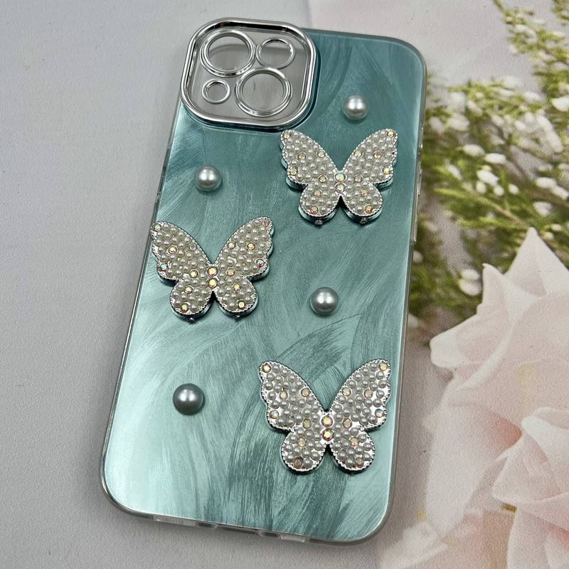 قاب گوشی iPhone 13 آیفون Butterfly Case لوکس پروانه مرواریدی سبزآبی لنز Silver کد 93696 - Image 2