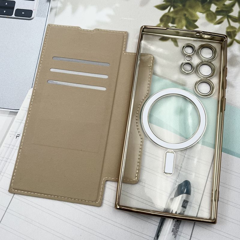 کیف گوشی Galaxy S23 Ultra سامسونگ الکترو استاتیک Wallet Case مگ سیف Magsafe اورجینال محافظ لنز دار گلسی طلایی کد 96141 - Image 3