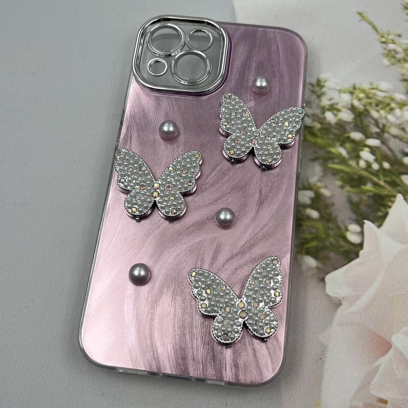 قاب گوشی iPhone 13 آیفون Butterfly Case لوکس پروانه مرواریدی صورتی یاسی لنز Silver کد 96767 - Image 2