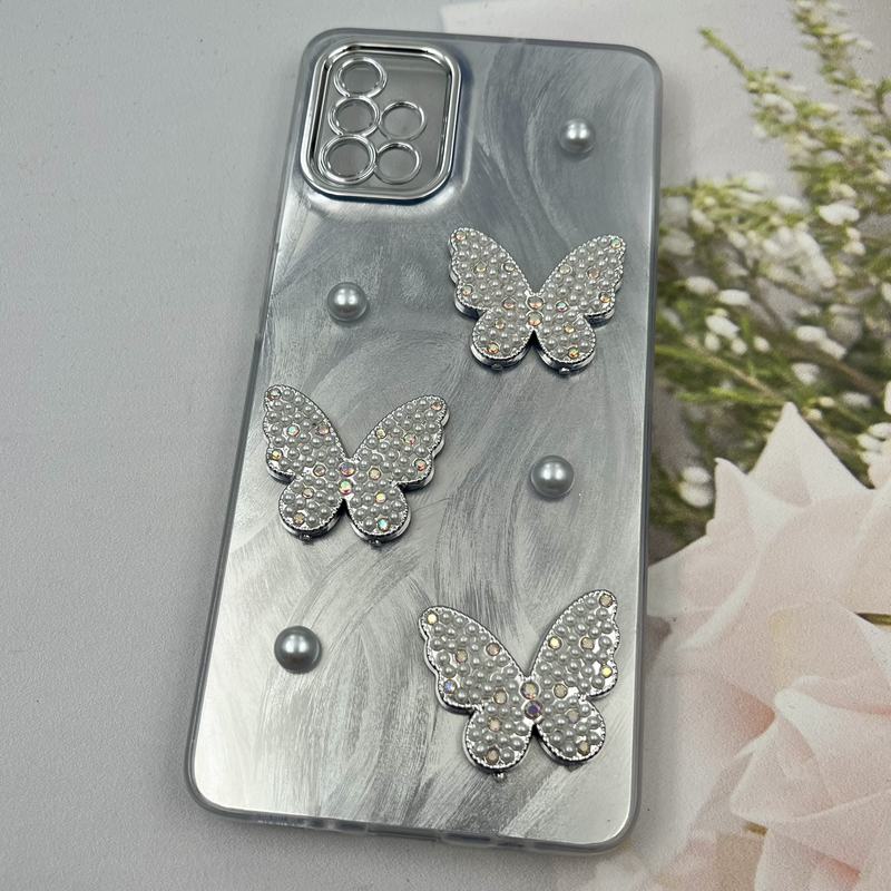 قاب گوشی Galaxy A51 سامسونگ Butterfly Case لوکس پروانه مرواریدی طوسی نقره ای لنز Silver کد 97133 - Image 2