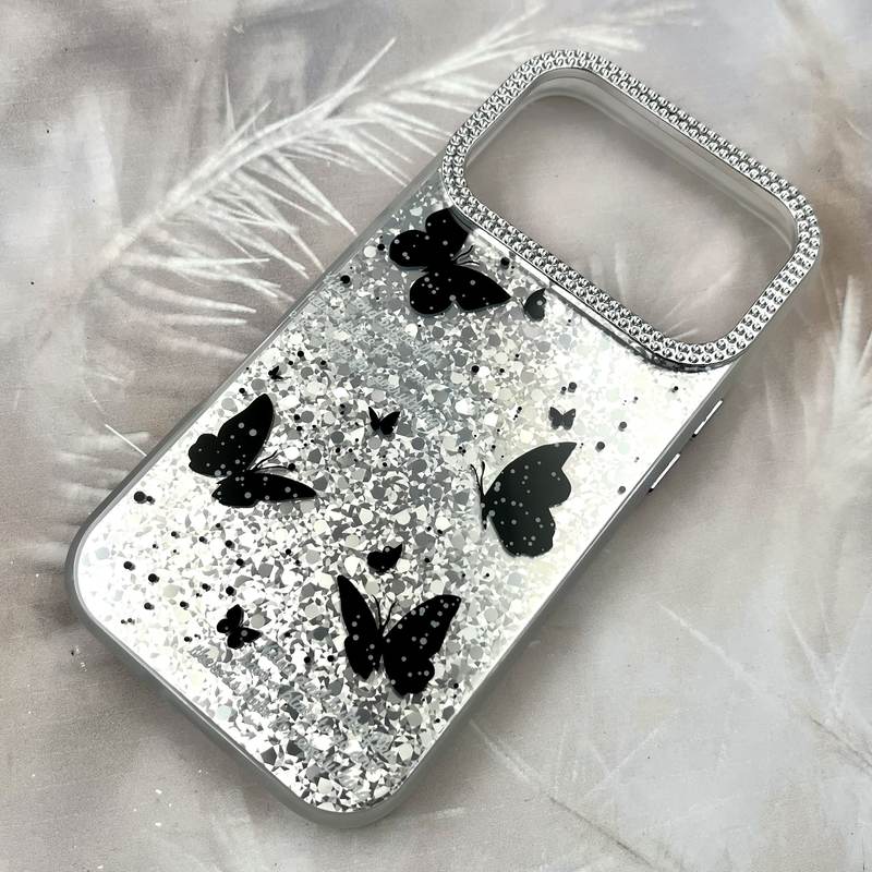 قاب گوشی iPhone 17 Pro آیفون Shine Guard ایربگ دار Silver لنز نگین دار پروانه کد 121843 - Image 2