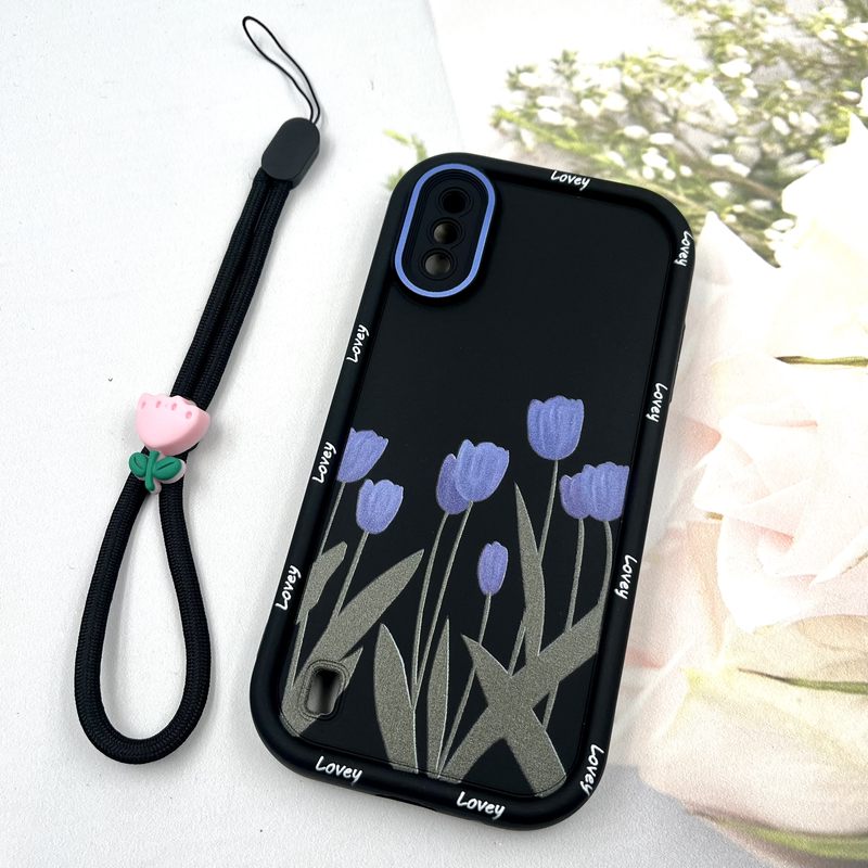 قاب گوشی Galaxy A01 / Galaxy M01 سامسونگ Strap Case سیلیکونی سولید ضد ضربه همراه بند مچی محافظ لنز دار طرح گل کد 131619 - Image 2