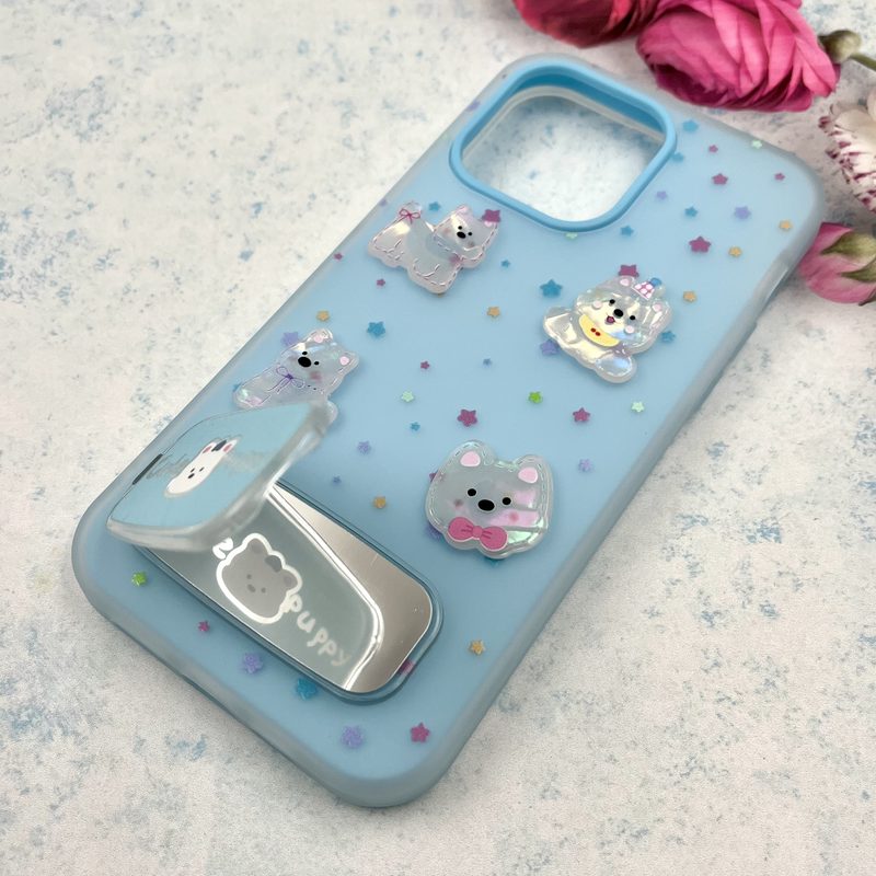 قاب گوشی iPhone 14 Pro Max آیفون Cute Case پاستلی عروسک برجسته استند شو آینه ای لنز برجسته آبی کد 155358 - Image 2