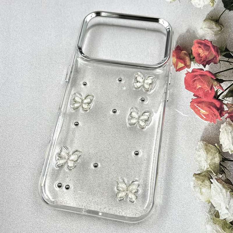 قاب گوشی iPhone 17 Pro آیفون Luxury Case سوپر شاین لنز Silver پروانه سفید کد 157311 - Image 2