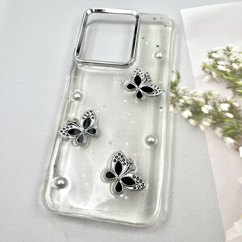 قاب گوشی Redmi 15C / Poco C85 شیائومی Star Butterfly شاین لنز Silver پروانه برجسته لوکس مشکی کد 195089 - Image 2
