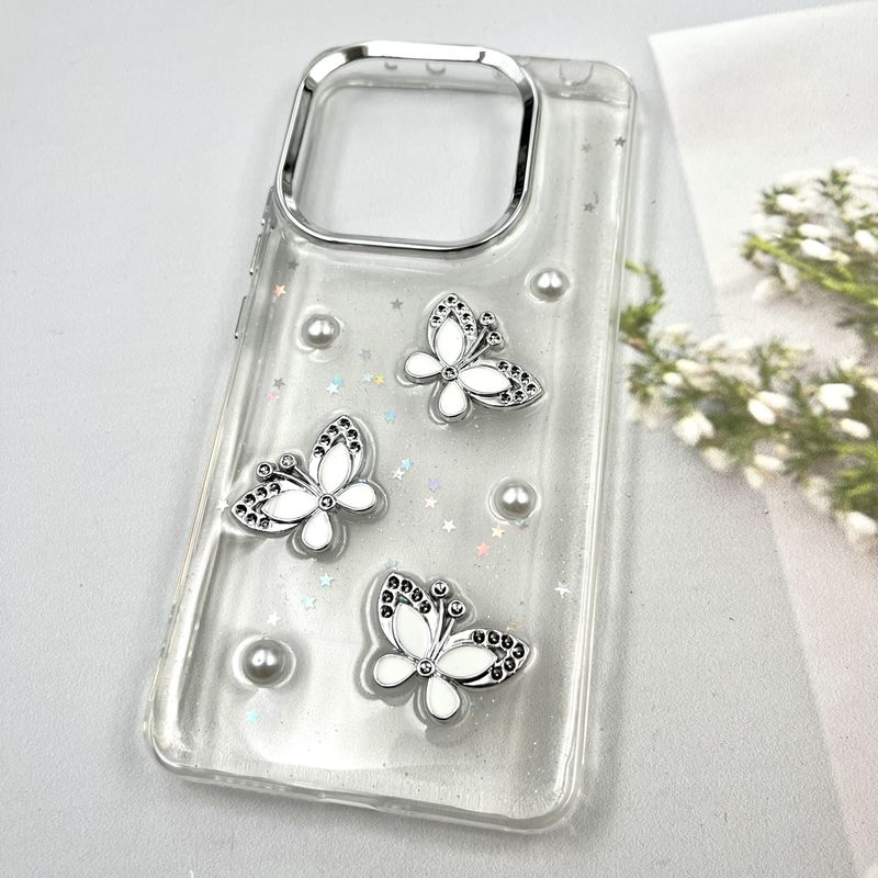 قاب گوشی Redmi Note 14 4G شیائومی Star Butterfly شاین لنز Silver پروانه برجسته لوکس سفید کد 195805 - Image 2