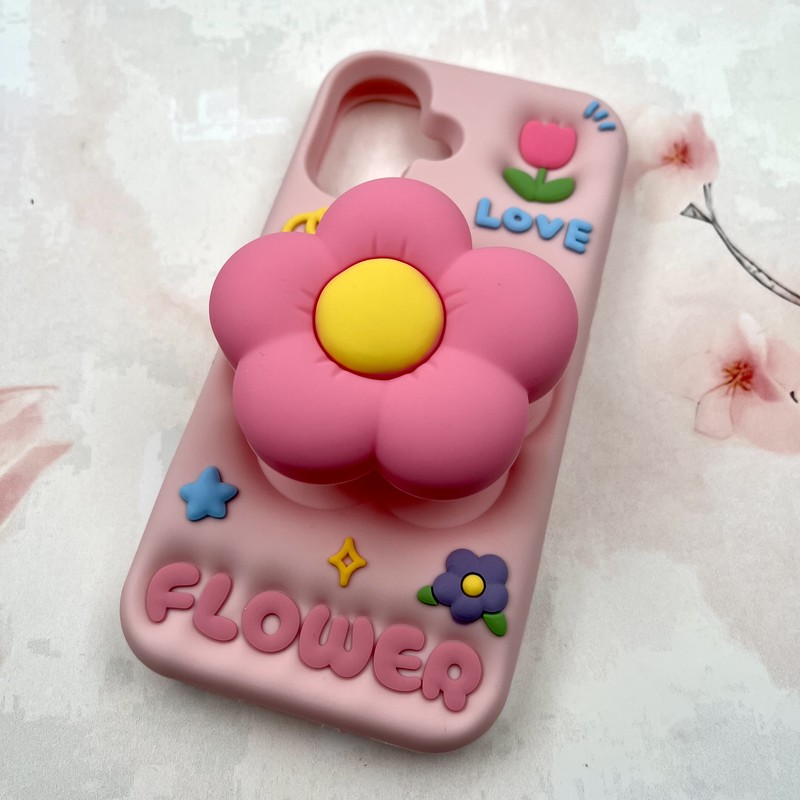 قاب گوشی iPhone 16 / iphone 17 آیفون سیلیکونی پاک کنی پاپ سوکتی طرح سه بعدی برجسته ایربگ دار گل بابونه کد 208444 - Image 2