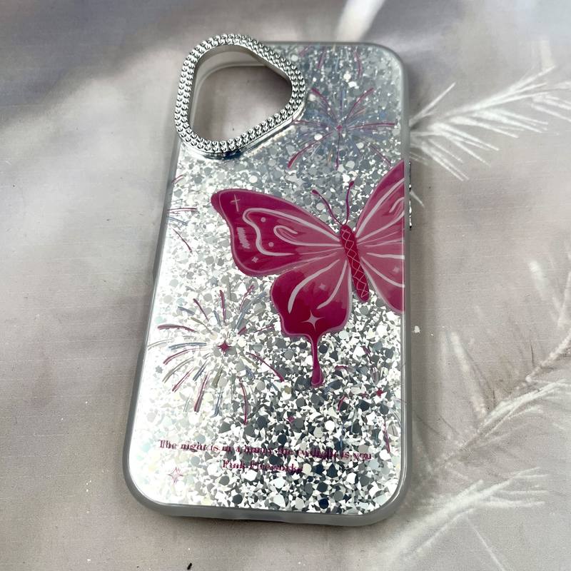 قاب گوشی iPhone 17 آیفون Shine Guard ایربگ دار Silver لنز نگین دار پروانه صورتی کد 244956 - Image 2