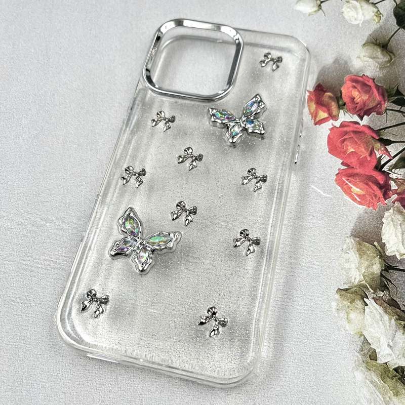 قاب گوشی iPhone 16 Pro Max آیفون Luxury Case سوپر شاین لنز Silver پروانه و پاپیون کد 254963 - Image 2