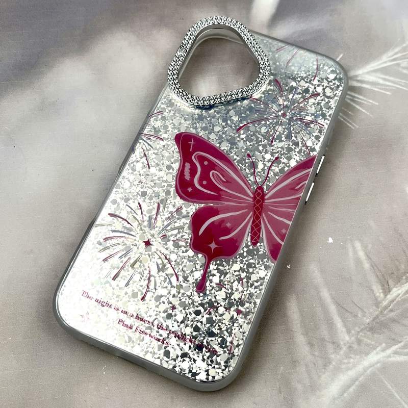 قاب گوشی iPhone 16 آیفون Shine Guard ایربگ دار Silver لنز نگین دار پروانه صورتی کد 296739 - Image 2