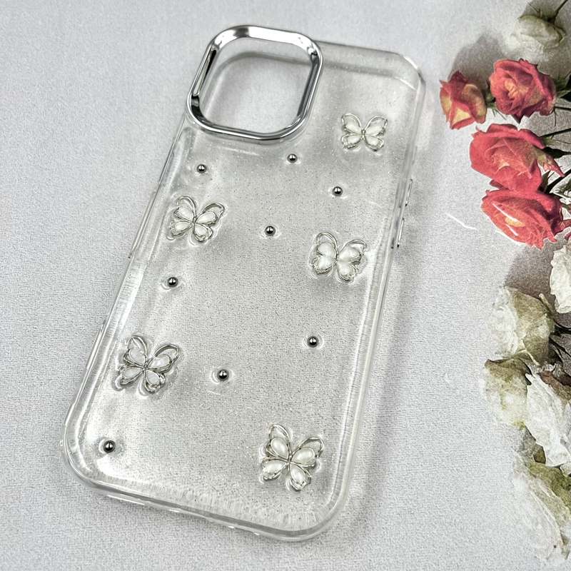 قاب گوشی iPhone 17 آیفون Luxury Case سوپر شاین لنز Silver پروانه سفید کد 368495 - Image 2