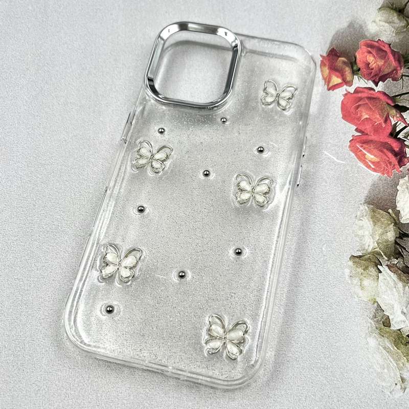 قاب گوشی iPhone 16 آیفون Luxury Case سوپر شاین لنز Silver پروانه سفید کد 431421 - Image 2