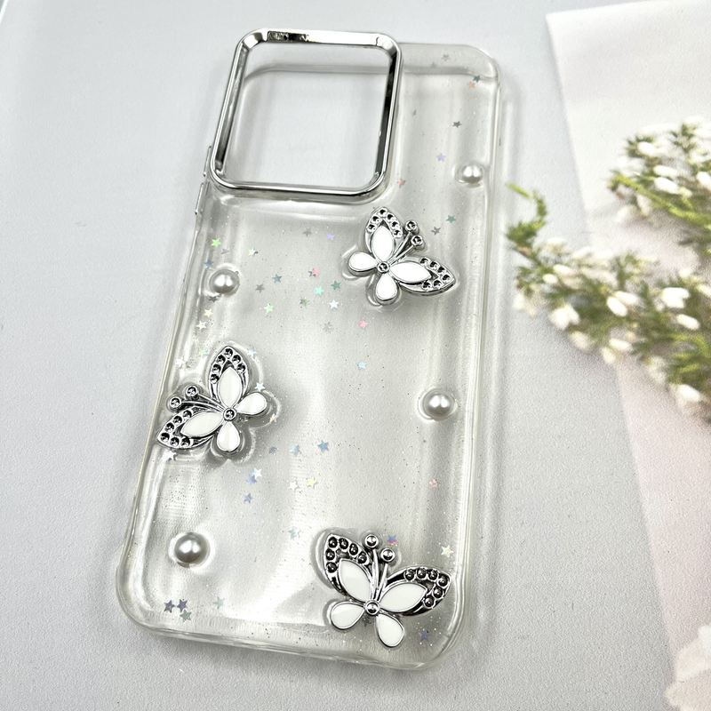 قاب گوشی Redmi 15C / Poco C85 شیائومی Star Butterfly شاین لنز Silver پروانه برجسته لوکس سفید کد 433038 - Image 2