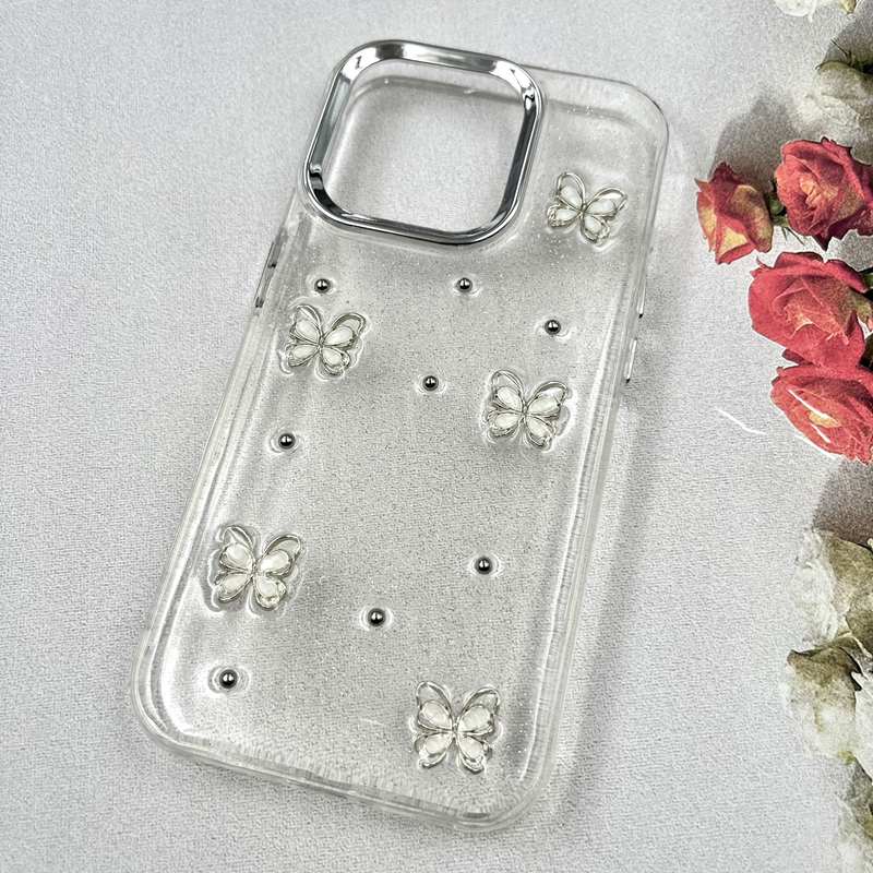 قاب گوشی iPhone 15 Pro آیفون Luxury Case سوپر شاین لنز Silver پروانه سفید کد 626972 - Image 2