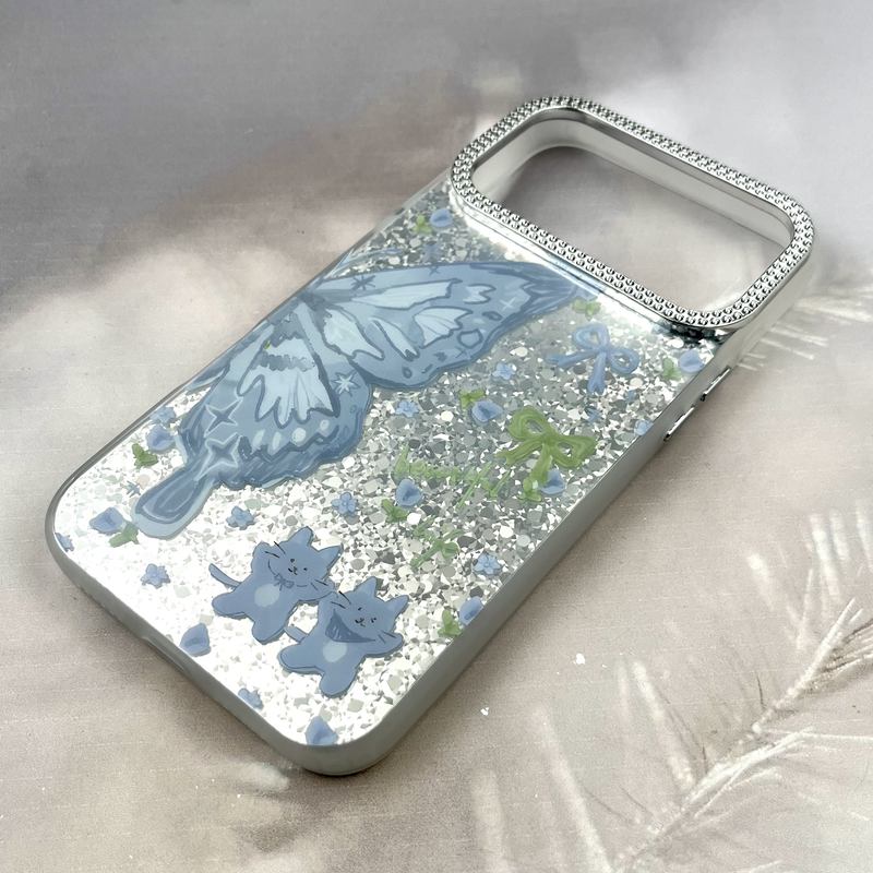 قاب گوشی iPhone 17 Pro Max آیفون Shine Guard ایربگ دار Silver لنز نگین دار پروانه آبی کد 635881 - Image 2