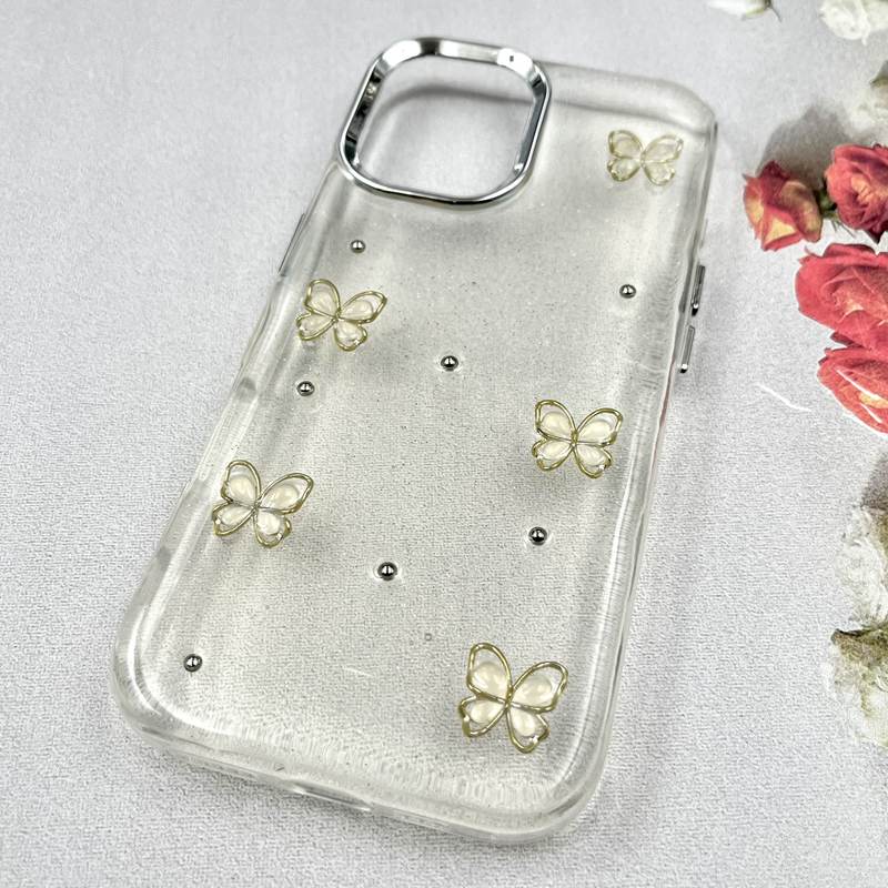 قاب گوشی iPhone 17 آیفون Luxury Case سوپر شاین لنز Silver پروانه سفید کد 650404 - Image 2