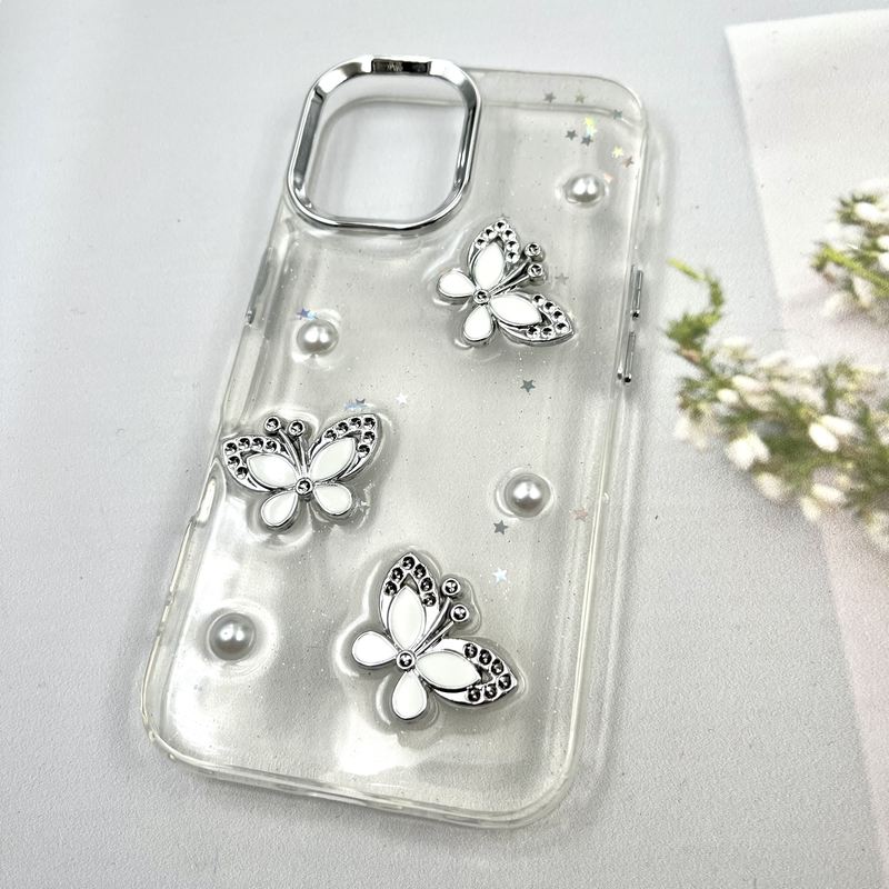 قاب گوشی iPhone 16 آیفون Star Butterfly شاین لنز Silver پروانه برجسته لوکس سفید کد 779177 - Image 2