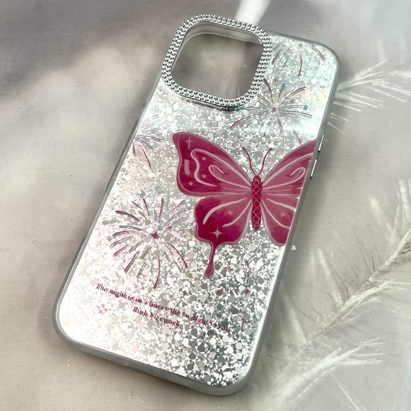 قاب گوشی iPhone 16 Pro Max آیفون Shine Guard ایربگ دار Silver لنز نگین دار پروانه صورتی کد 792494 - Image 2