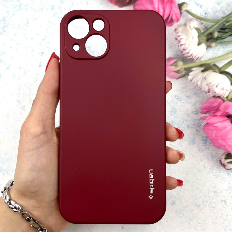 قاب گوشی iPhone 13 آیفون سیلیکونی Spigen اورجینال داخل پارچه ای محافظ لنز دار زرشکی کد 794330
