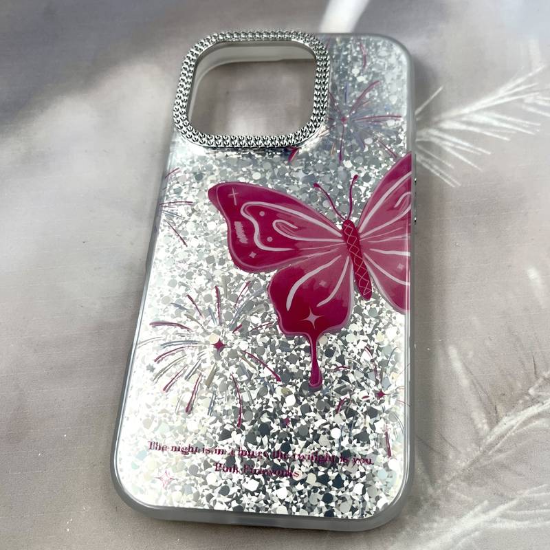 قاب گوشی iPhone 16 Pro آیفون Shine Guard ایربگ دار Silver لنز نگین دار پروانه صورتی کد 865652 - Image 2