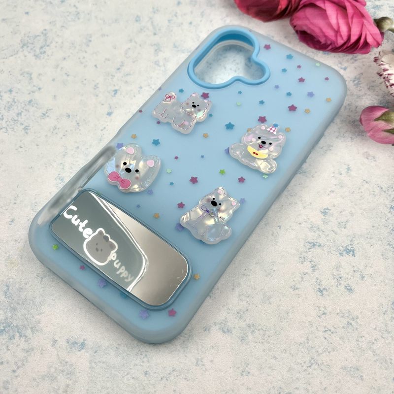 قاب گوشی iPhone 17 آیفون Cute Case پاستلی عروسک برجسته استند شو آینه ای لنز برجسته آبی کد 985384 - Image 2