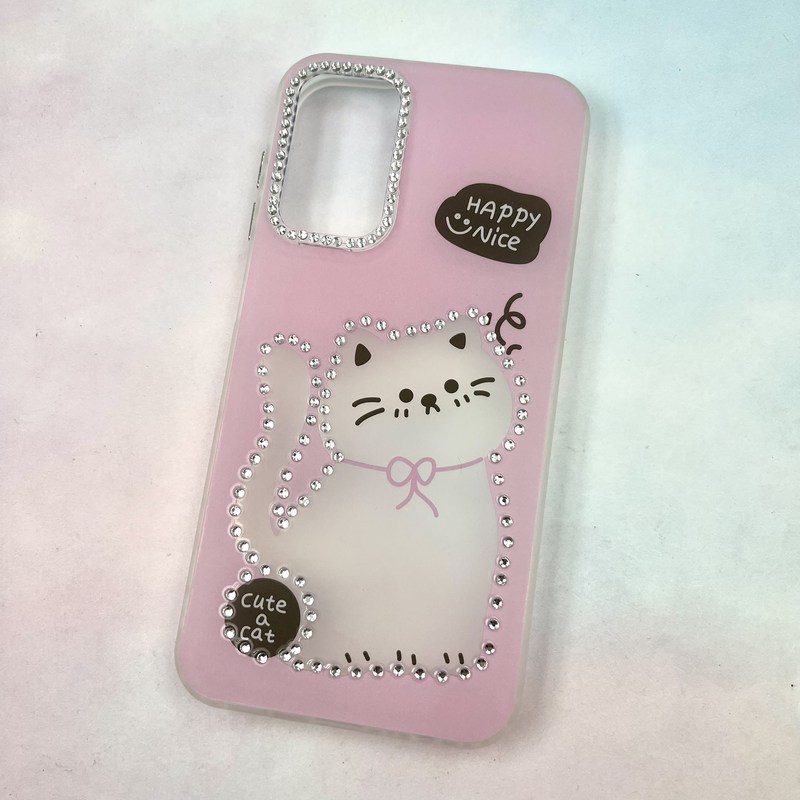 قاب گوشی Galaxy A15 سامسونگ Crystal Case لنز نگین دار الماسی پاستلی مات عروسکی طرح گربه کد 510547 - Image 2